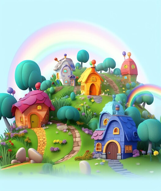 Un giardino colorato con una casa e un arcobaleno sullo sfondo.