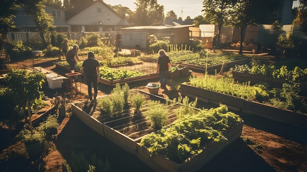 Un giardino comunitario con persone che si prendono cura delle piante