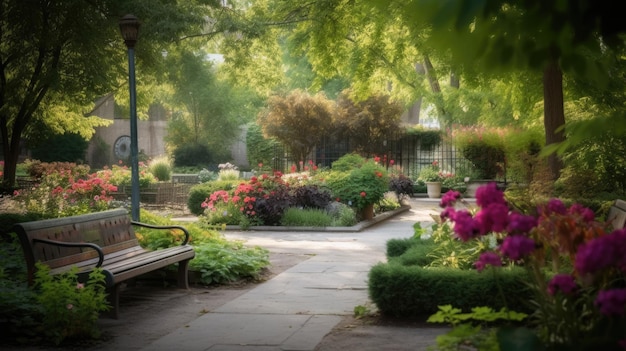 Un giardino con fiori, alberi e panchine AI generativa