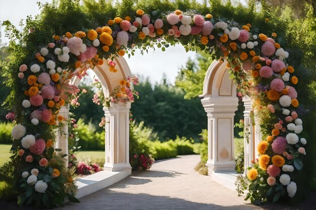 Un giardino con fiori e un arco