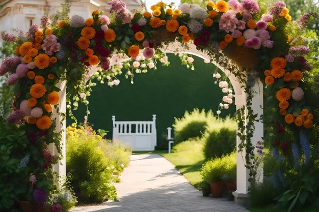 Un giardino con fiori e un cancello bianco.