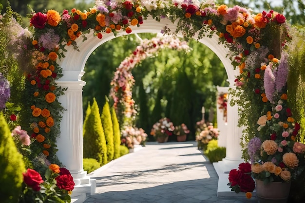 Un giardino con fiori e un pergolato.