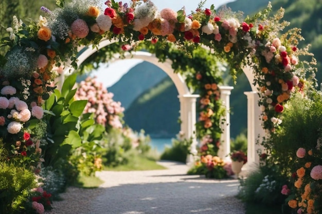 un giardino con fiori e un ponte con vista sul lago