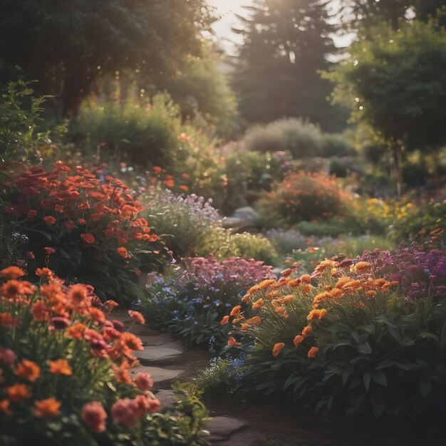 un giardino con fiori e un sentiero che dice giardino