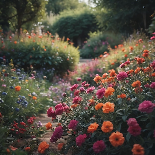 un giardino con fiori e un sentiero in primo piano