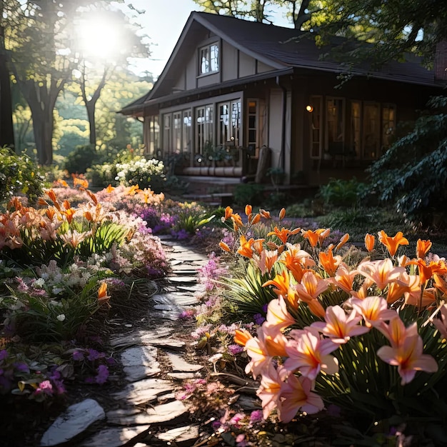 Un giardino con fiori e una casa sullo sfondo