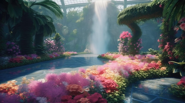 Un giardino con fiori e una cascata