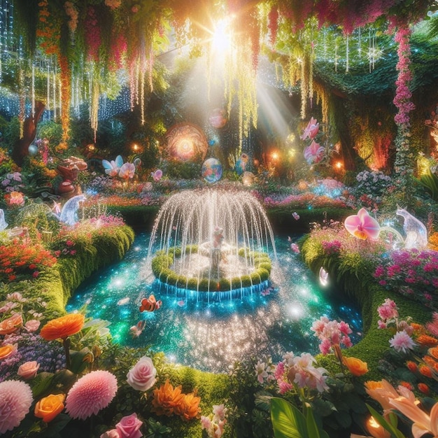 un giardino con fiori e una fontana con acqua che spruzza al centro