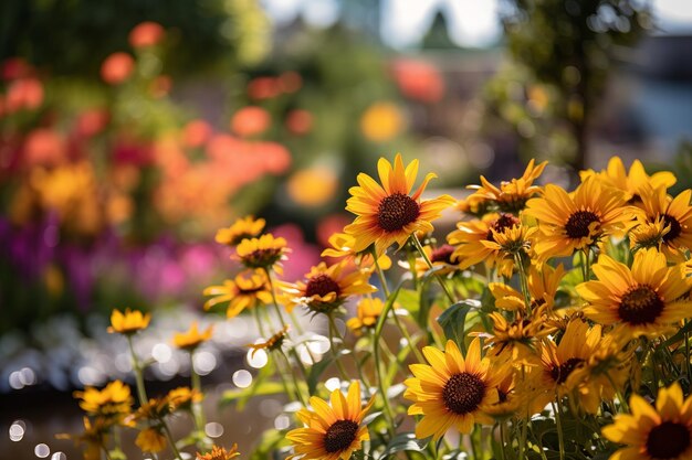 Un giardino con fiori gialli in primo piano e uno sfondo sfocato del giardino.