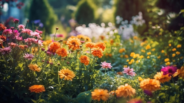 Un giardino con fiori in primo piano e un raggio di sole sullo sfondo.