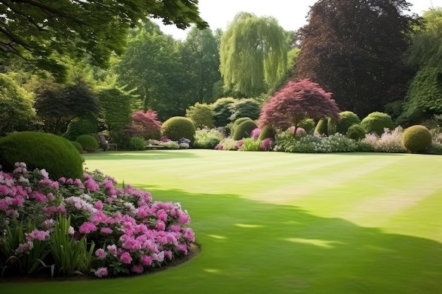 un giardino con fiori rosa e un grande albero sullo sfondo.