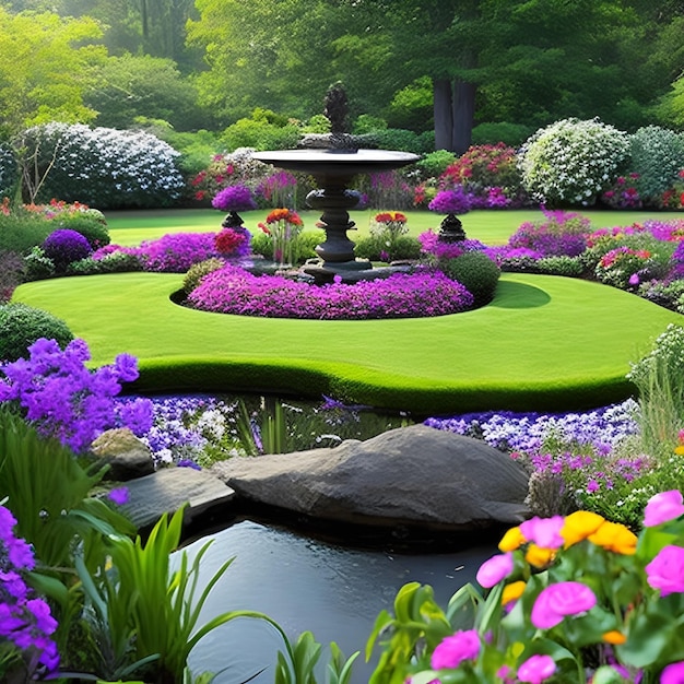 Un giardino con fontana e fiori viola