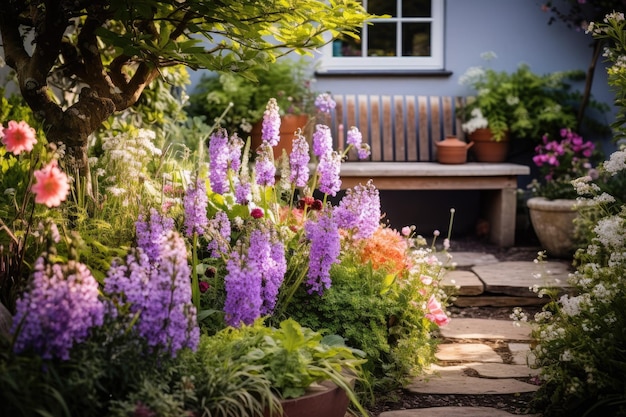 un giardino con panchina e fiori sullo sfondo.