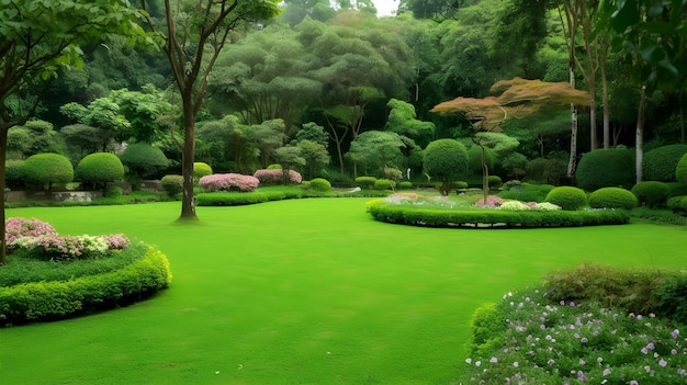 Un giardino con prato verde e alberi