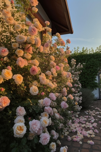 Un giardino con rose sul muro