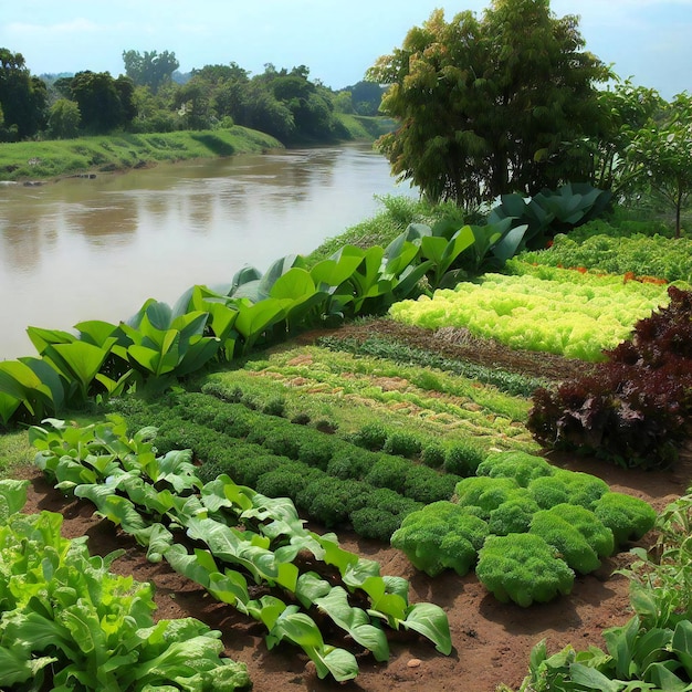 Un giardino con un fiume sullo sfondo e un orto di ortaggi.