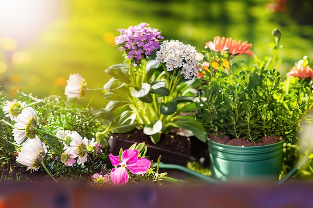 Un giardino con un secchio di fiori e una fioriera con un vaso verde con al centro un fiore rosa