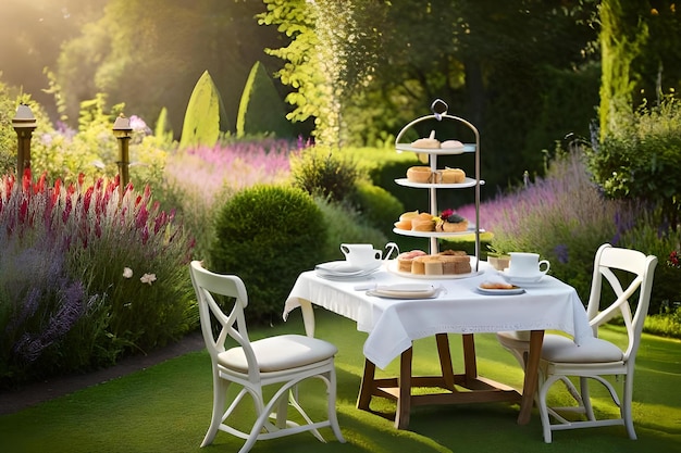 Un giardino con un tavolo e sopra una torta