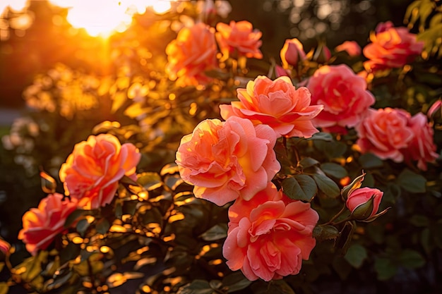 Un giardino con un tramonto sullo sfondo