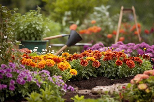 Un giardino con una carriola piena di fiori e un secchio pieno di fiori.