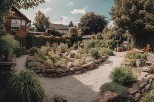 Un giardino con una casa sullo sfondo