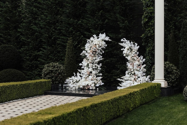 Un giardino con una composizione di fiori bianchi