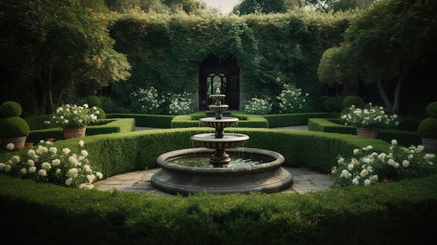 Un giardino con una fontana al centro e una siepe verde sullo sfondo.