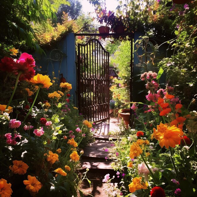 Un giardino con una porta di ferro piena di fiori colorati