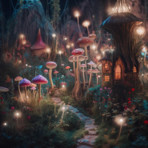 Un giardino delle fate con funghi e case delle fate immagine generativa ai