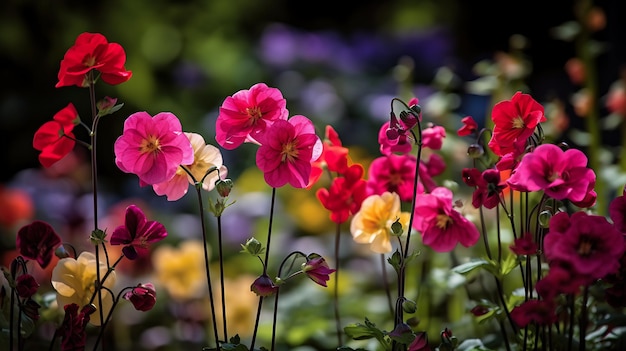 Un giardino di fiori con uno sfondo scuro