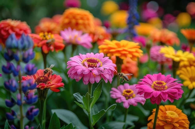 Un giardino fiorente con fiori colorati, api che ronzano e un'atmosfera pacifica.