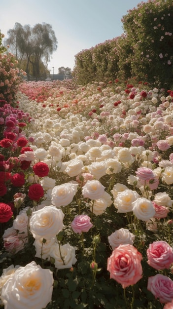 Un giardino fiorito con un'aiuola sullo sfondo.