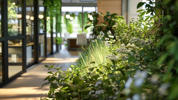 Un giardino interno che circonda lo spazio di lavoro fornisce aria fresca e verde per migliorare la mentalità