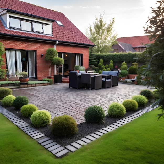 Un giardino moderno con un prato quadrato al centro