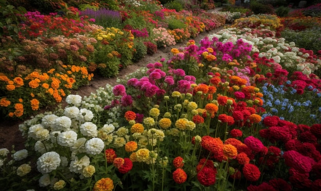 Un giardino pieno di fiori con una varietà di colori.