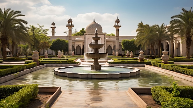 Un giardino sereno della moschea con fontane