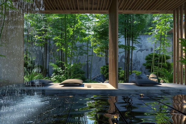 Un giardino sereno e tranquillo con una piccola cascata e una piscina