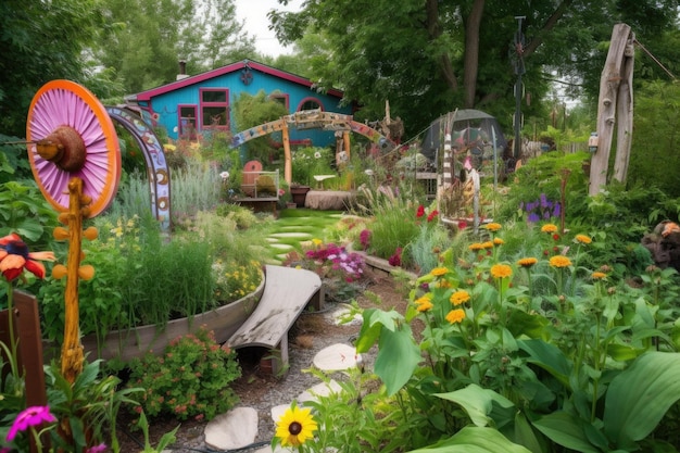 Un giardino stravagante con piante insolite e fiori colorati creati con l'IA generativa
