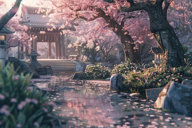 Un giardino tranquillo con alberi di ciliegio in fiore