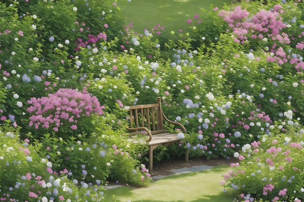 Un giardino tranquillo con fiori in fiore, api che ronzano e una comoda panchina sotto un albero generata da ai