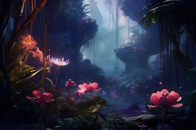 Un giardino tranquillo con il crepuscolo che scende sui fiori