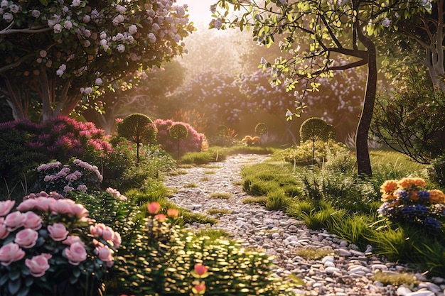 Un giardino tranquillo con sentieri tortuosi e fiori