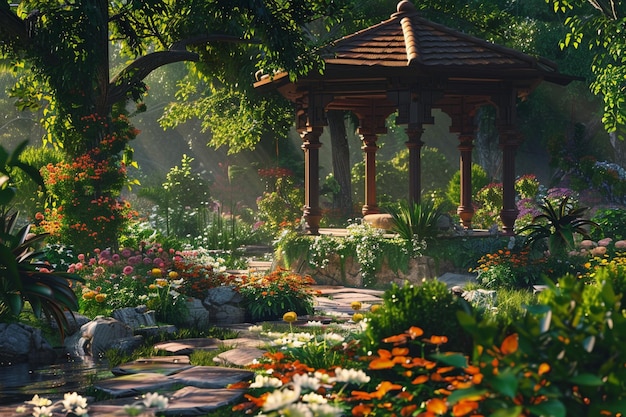 Un giardino tranquillo con un gazebo