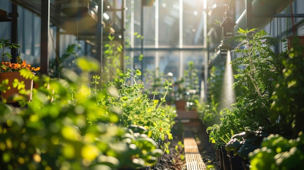 Un giardino urbano in cui i sistemi controllati dall'IA assicurano un'irrigazione e una luce solare ottimali per ogni pianta che mostra l'IA in armonia con la natura
