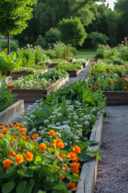 Un giardino vegetale ben organizzato che mescola piante ornamentali e commestibili in perfetta armonia