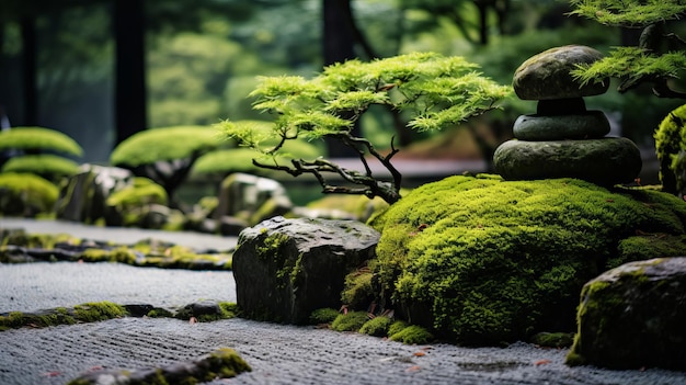 Un giardino zen con rocce e muschio accuratamente posizionati