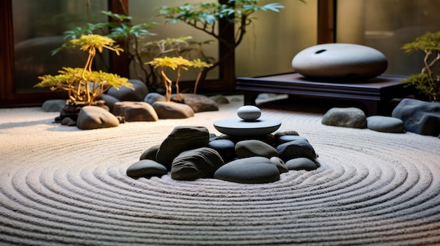 un giardino zen con rocce e un cerchio rotondo d'acqua.