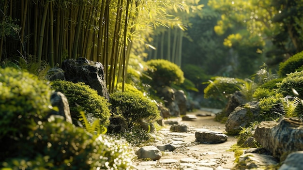 Un giardino zen con una piccola foresta di bambù sullo sfondo