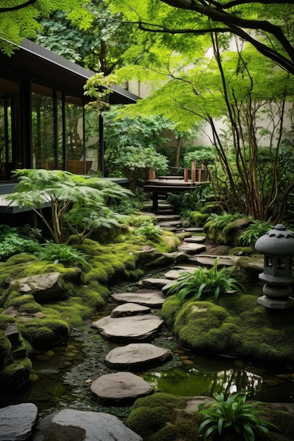 Un giardino zen pieno di piante lussureggianti pietre e uno stagno calmo generato dall'AI