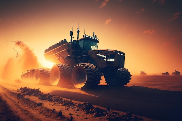 Un gigantesco monster truck sta guidando in un deserto al tramonto.